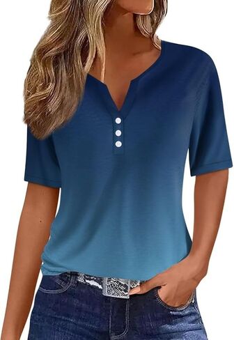 Womens Short Sleeve Summer Tops Casual V Neck Button Down Shirts Loose Fitted Boho Graphic Tees Fashion Ladies Tops in Saudi Arabia