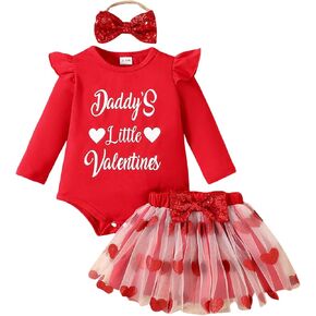 Newborn Baby Girl Valentine's Day Outfit Romper Tutu Dress with Headband Toddler Glitter Heart Print Clothes Skirt