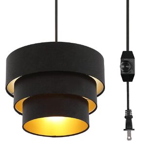 Plug in Pendant Light, Hanging Lamp with Dimmable Switch, Drum Pendant Light Fixtures with 15 Ft Cord, Swag Light with Black Fabric Shade for Bedroom, Kitchen, Living Room