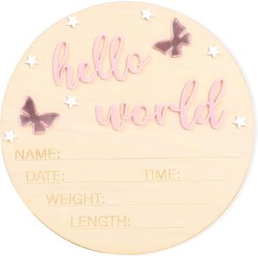 Baby Announcement Signs Hello World - Pink Butterfly Hello World Sign, Blue Hot Air Balloon Hello World Wooden Sign, Welcome Baby Shower Decorations (Pink butterfly)