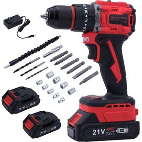 Brushless Drill Set, 21V Cordless Electric Drill Driver with 2 Batteries and Charger, 3/8Inch Keyless All-Metal Chuck, 2 Variable Speeds, 20+3 Power Drill Kit for Screw Wood/Ceramic/Tile/Steel