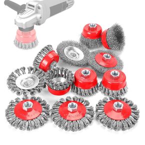 POLIWELL 12 Pack Wire Wheel Brush for Angle Grinder, 6pcs 4" Wheel Brushes, 6pcs 3" Cup Brush Set for 4 1/2 Grinders, 5/8 -11 Threaded Arbor, 0.020In Twisted Knotted Carbon Steel for Removal Rust