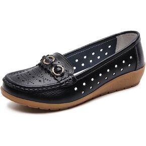 Women's Leather Classic Wedge Moccasins Slip-Ons Casual Walking Driving Cutout Breathable