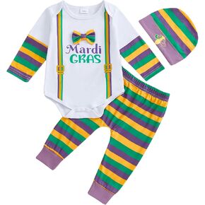 Newborn Baby Boy Mardi Gras Outfit Long Sleeve Bow Romper Bodysuit Top with Pants and Hat 3 Piece Clothes Set