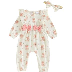 Newborn Baby Girl Easter Outfit Bunny Duck Print Romper Ruffle Long Sleeve Jumpsuit with Headband Cute Clothes