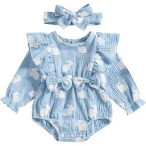 Newborn Baby Girl Easter Outfit Bunny Print Ruffle Long Sleeve Romper with Headband Cute Baby Clothes