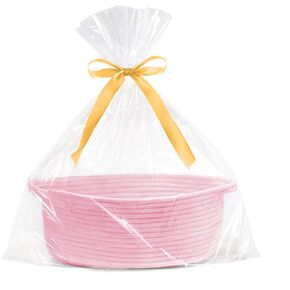 GIFTEXPRESS White Woven Easter Gift Basket with Clear Bag & Ribbon - 13" x 8" x 5" Cotton Rope Empty Decorative Gifting Basket with Handle - Soft Organizing Storage for Baby Toys and Essentials