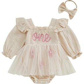 Baby Girl 1st Birthday Clothes One Year Old Ruffled Tulle Romper Dress Long Sleeve Bodysuit Cake Smash Outfit