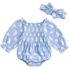 Lamuusaa Newborn Baby Girl Easter Outfit Bunny Long Sleeve Romper Smocked Cotton Linen Bodysuit Shirts Headband 0-18M