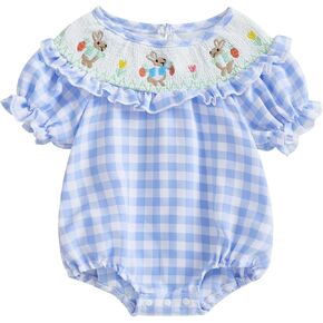 Infant Baby Girl Easter Outfit Rabbit Embroidery Floral Print Smocked Romper Short Sleeve Bunny Bodysuit
