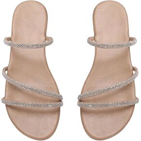GORGLITTER Women's Rhinestone Strappy Sandals Dress Open Toe Flat Slip on Slide Sandal