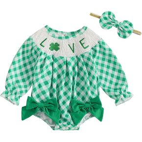 Infant Baby Girl Valentines Outfit Long Sleeve Heart Onesie Newborn Baby Girl Smocked Bubble Romper + Headband