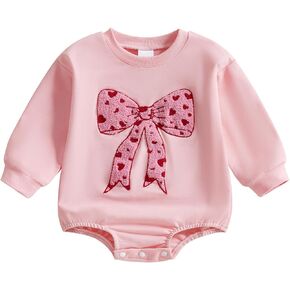 Infant Baby Girl Boy Valentines Day Outfit Bow/Letters Embroidery Bubble Romper Oversized Long Sleeve Bodysuit Top