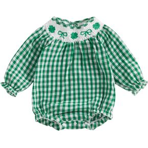 Gueuusu Toddler Baby Girl St Patrick's Day Romper Plaid Clover/Shamrock Print Long Puff Sleeve Smocked Romper Green Clothes