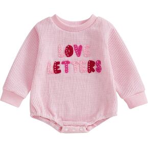Baby Girl Valentine’s Day Outfits Letter Embroidery Long Sleeve Sweatshirt Romper Bubble Jumpsuit Waffle Outfits