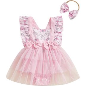 Baby Girl Romper Dress Cow Print Clothes Ruffle Sleeveless Layered Tulle Tutu Bodysuit with Headband Boho Outfit