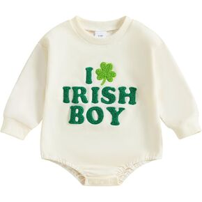 Lesimsam Newborn Baby Boy Girl St Patricks Day Outfit Clover Sweatshirt Bubble Romper Oversized Long Sleeve Romper Bodysuit