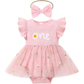 ODASDO Baby Girl 1st Birthday Cake Smash Outfit Flutter Sleeve Romper Dress with Bowknot Headband Set