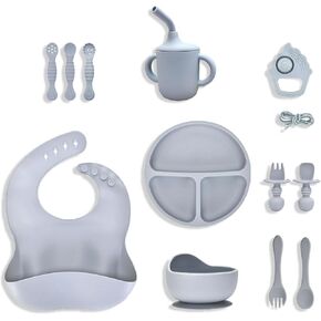 Silicone Baby Feeding Set - 12PCS Baby Plates and Bowls Set,Baby Led Weaning Supplies,Suction Bowl Divided Plate Bib Cup with Baby Snack Container Spoons Forks Dusty Blue