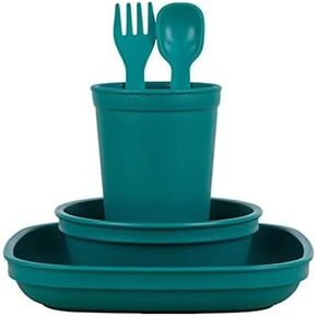 Re-Play Made in USA Toddler Dinnerware Set - 10 oz. Open Cup, 7" Flat Plate, 12 Oz. Bowl, Rounded Tip Fork and Deep Scoop Spoon - Dishwasher/Microwave Safe Plastic Dinnerware Set - Teal