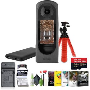 Ricoh Theta X 360-Degree Camera 5.7K30 Video, 2.25" Touchscreen, Dual 1/2.0 Type 48MP CMOS Sensors (910844) + Photography Software + 64GB Memory Card + P-Bank + Flexible Tripod + More