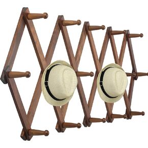 WEBI Accordion Wall Hanger,Expandable Wooden Coat Rack Wall Mounted,Hat Rack for Wall,Accordion Hook Rack for Hats,Caps,16 Peg Hooks,Walnut Color