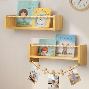 Gronda Floating Shelves for Wall, Nursery Shelves Wall Mount Kids Bookshelves Hanging Storage Organizer with 5 Photo Clips Nursery Decor for Playroom Kids Room Living Room