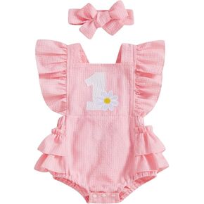 Amiblvowa Baby Girl 1st Birthday Outfit One Year Old Daisy Flower Ruffle Bubble Romper First Birthday Cake Smash Clothing