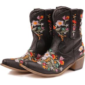 CRYSIGNE Women Flower Embroidered Ankle Cowgirl Boots Square Toe Western Boots Chunky Heel Pull On Short Boots