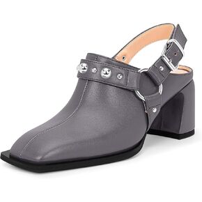 100FIXEO Women's Square Toe Chunky Block Heel Slingback Pumps Buckle Strap Mules Dress Shoes