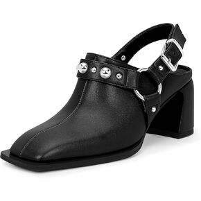 100fixeo نساء مربع إصبع القدم مكتنزة الكعب الكعب مضخات slingback مضخات حزام حزام حزام الأحذية