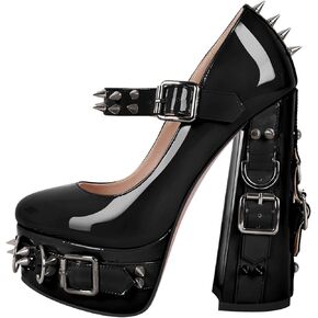 richealnini Women's Mary Jane Platform Pumps with Rivets Sexy Adjustable Ankle Buckle Up Block Heels