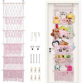 5 Tier Stuffed Animal Storage,Over Door Organizer with LED Light & Clips,Extra Large Boho Stuffed Animal Hammock Corner for Nursery Kids Girls Boys Small Or Large Plushies(pink)