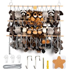 Gray Wall Hanging Stuffed Animal Hammock Storage Holder Boho Macrame Plush Toy Organizer Over The Door Storage for Stuffed Toy Net Storage Hammock Hanging Net for Stuffed Animal