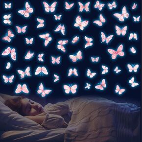 Glow in The Dark Pink Butterfly Wall Decals，Glowing Luminous Watercolor Butterfly Wall Stickers Removable self-Adhesive Butterfly Decals for Girls Bedroom Kids Baby Nursery Living Room Decor
