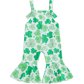 Baby Girl St Patrick's Day Outfit Clover Print Sleeveless Bell Bottom Romper Lucky Overalls Ribbed Flare Jumpsuit