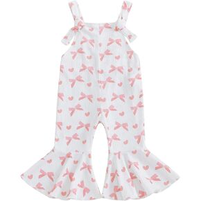 Toddler Girl Valentines Day Outfit Heart Bow Suspender Romper Jumpsuit Overalls Bell Bottom Pants Spring Fall Clothes