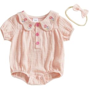 Newborn Baby Girl Summer Clothes Flower Embroidery Doll Collar Short Sleeve Romper with Bow Headband Infant Outfit