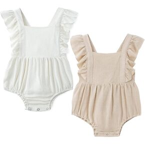 Simplee kids 2PCS Baby Boys Girls Adjustable Slip Romper Summer Outfit Jumpsuit Cotton Linen Bodysuit