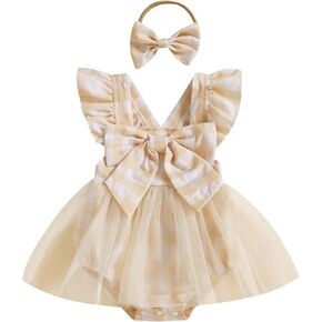 Newborn Baby Girl Romper Dresses Plaid Bow Ruffle Sleeveless Backless Lace Tutu Skirted Jumpsuit Bodysuit Clothes