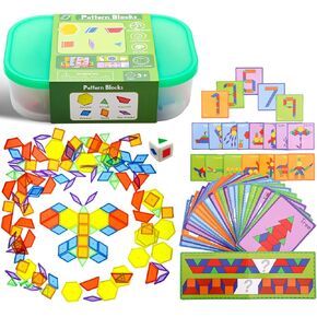 140 Pcs Translucent Pattern Blocks,Geometric Shapes,Translucent Toys,Light Table Accessories and Manipulatives,Includes 46 Activity Cards