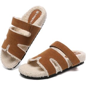 Slippers for Women Adjustable House Slippers Faux Shearling Fuzzy Slide Sandals with Cozy Lined, Fluffy H slippers House Shoes Indoor and Outdoor