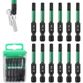 WORKPRO 12pcs T25 Torx Impact Screwdriver Bit Set, CNC Machined S2 Steel Tips with Magnetism, 1/4" Hex-Shank Star Driver Bit, 2" Long Impact Screwdriving Bits with Storage Box