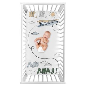 Sweet Jojo Designs Vintage Airplane Boy Baby Fitted Crib Sheet Photo Op Infant Newborn Nursery Toddler Bed Room Standard Mattress Grey Green Blue White Yellow Airplanes Plane Transportation Clouds Sun