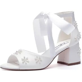 Pearl Wedding Shoes for Bride Open Toe Bridal Shoes Block Heel Wedding Sandals Ankle Strap Wedding Heels