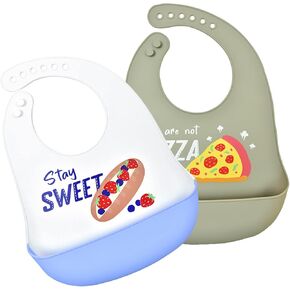 Silicone Bibs for Babies and Toddlers 2 Sets Feeding Bibs for Boy and Girl, Adjustable Soft Waterproof Bibs with Food Catcher Pizza