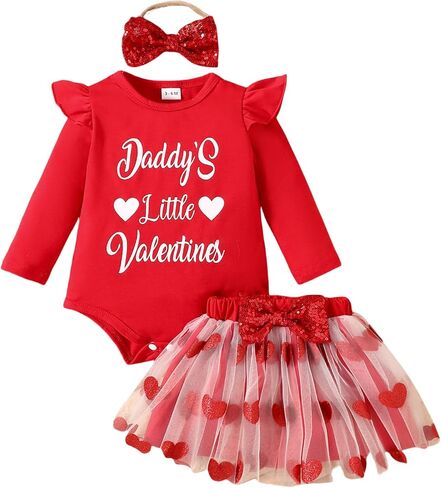 Newborn Baby Girl Valentine's Day Outfit Romper Tutu Dress with Headband Toddler Glitter Heart Print Clothes Skirt in Saudi Arabia