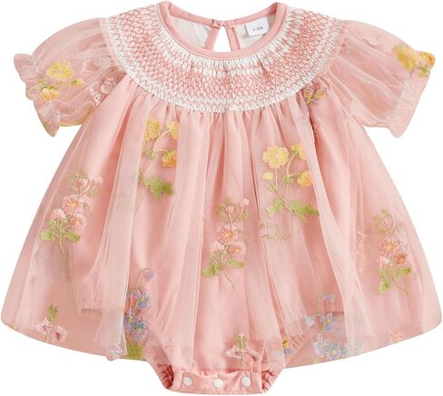 Infant Baby Girl Summer Clothes Lace Mesh Flower Short Sleeve Romper Tutu Dress Princess Dress Cake Smash Dress in Kuwait