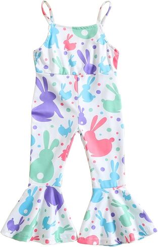 CM C&M WODRO Toddler Baby Girl Easter Bell Bottom Slip Romper Rabbit Print Sleeveless Jumpsuit Kid Cute One Piece Flare Pant in Saudi Arabia