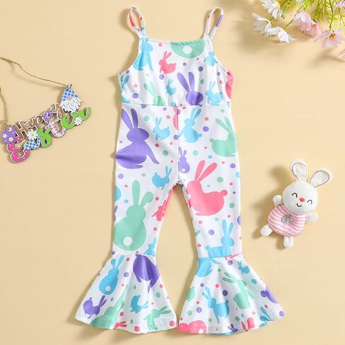 CM C&M WODRO Toddler Baby Girl Easter Bell Bottom Slip Romper Rabbit Print Sleeveless Jumpsuit Kid Cute One Piece Flare Pant in Saudi Arabia